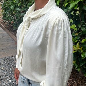 Vintage‑Inspired Cream Tie‑Neck Blouse with Pintuck Detailing